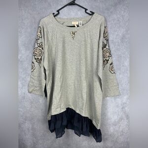 Logo by Lori Goldstein Gray Sequin Beaded Layer Lace‎ Sweater Women’s Size XL